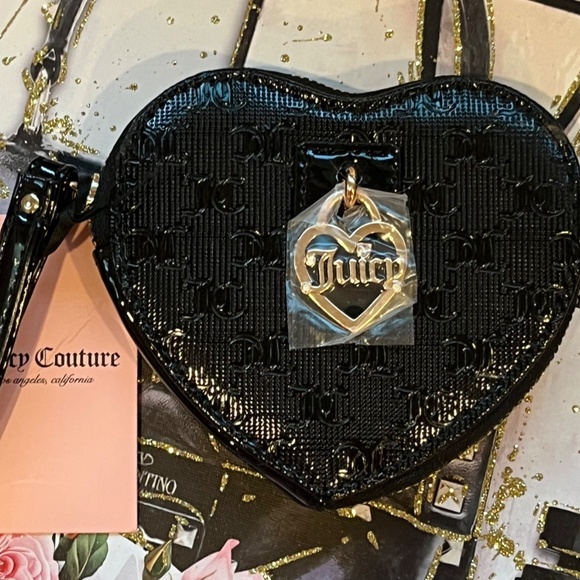 Juicy Couture 🎁NWT Black Heart with Gold Charm Coin Purse Wristlet🎁 Gift Ready - Picture 3 of 4